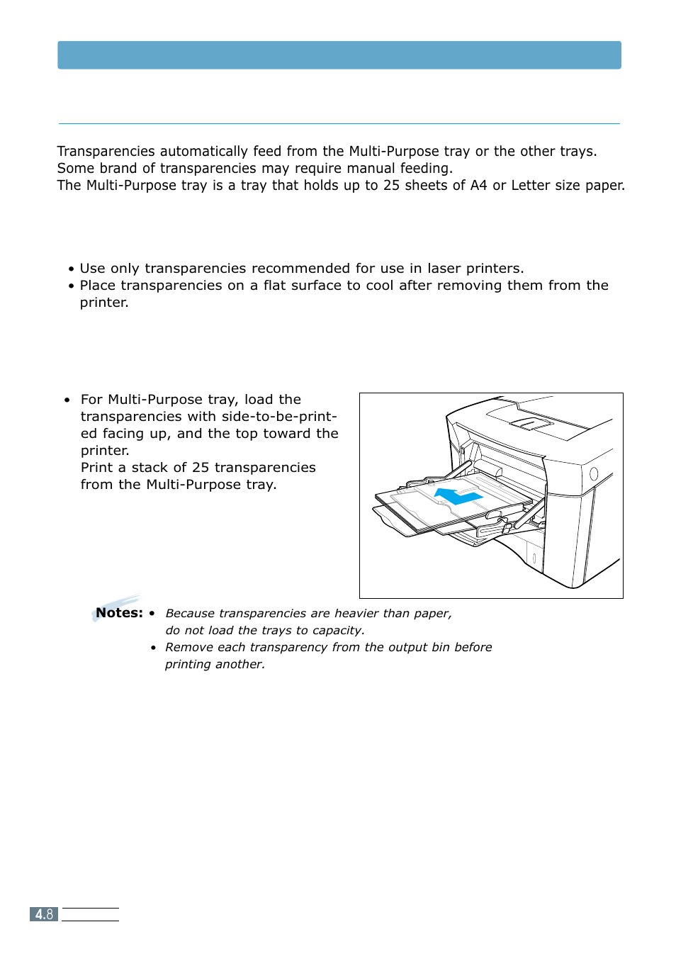 Transparencies, Transparencies guidelines, Transparencies orientation | Loading paper | Samsung ML 7300N User Manual | Page 71 / 174