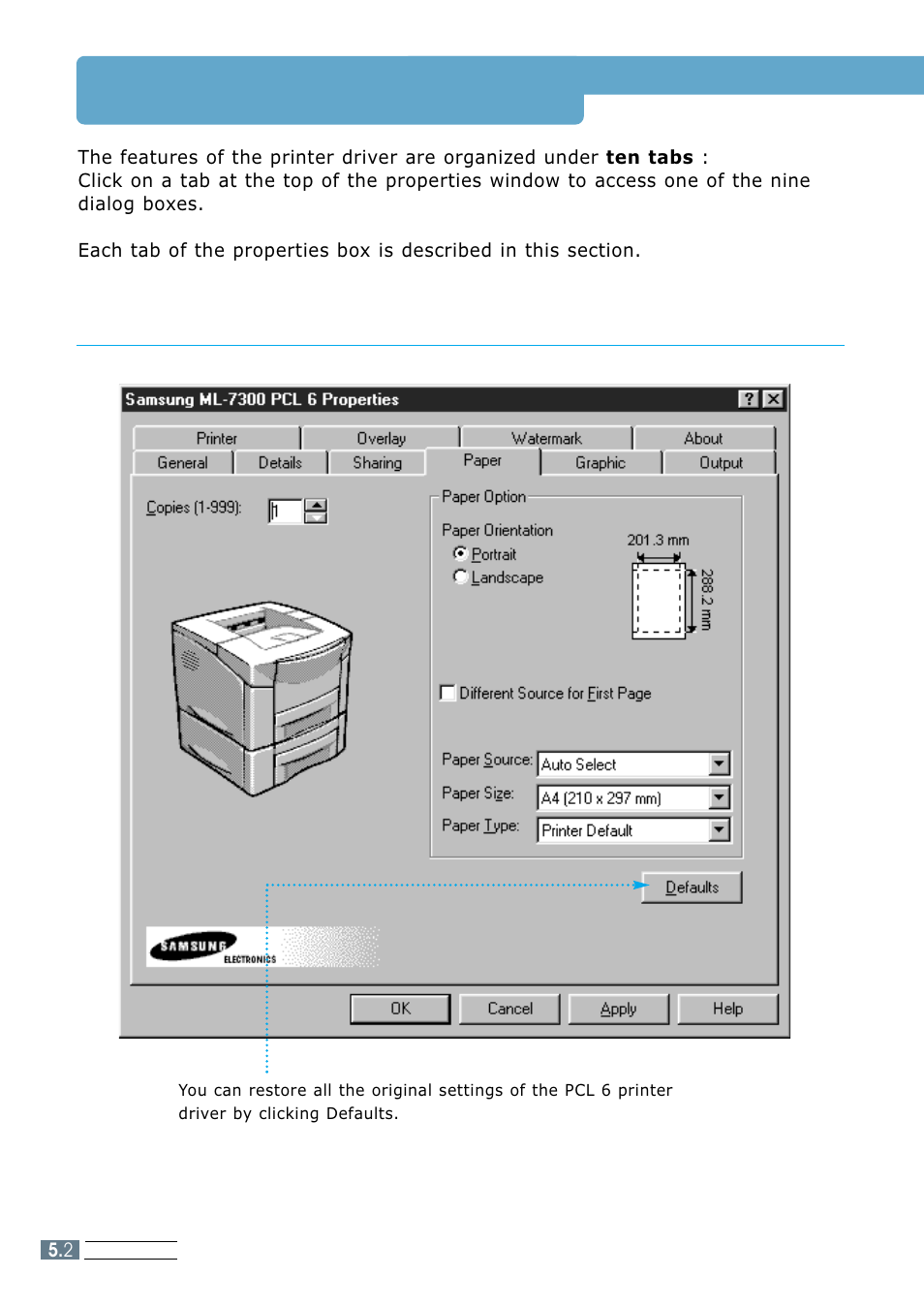 Using the printer driver, Paper tab | Samsung ML 7300N User Manual | Page 75 / 174