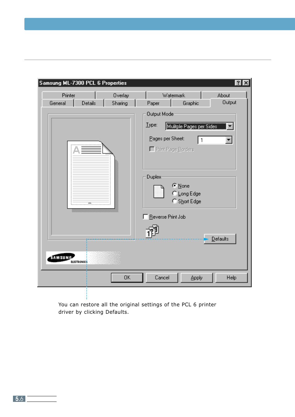 Output tab, Using the printer driver | Samsung ML 7300N User Manual | Page 79 / 174