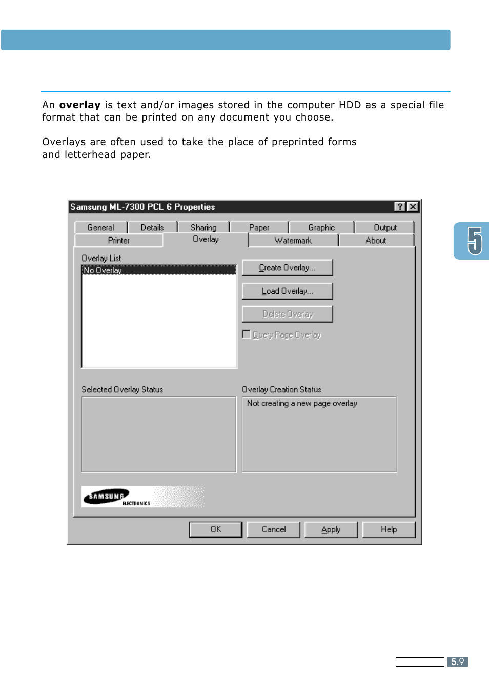 Overlay tab, Using the printer driver | Samsung ML 7300N User Manual | Page 82 / 174