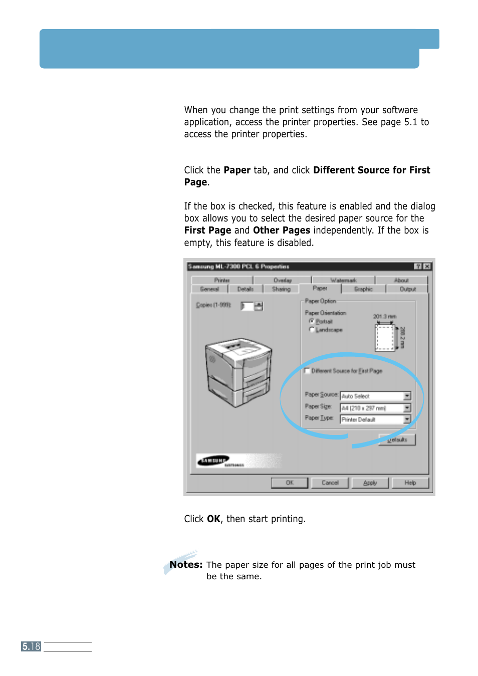 Printing on different paper for the first page | Samsung ML 7300N User Manual | Page 91 / 174