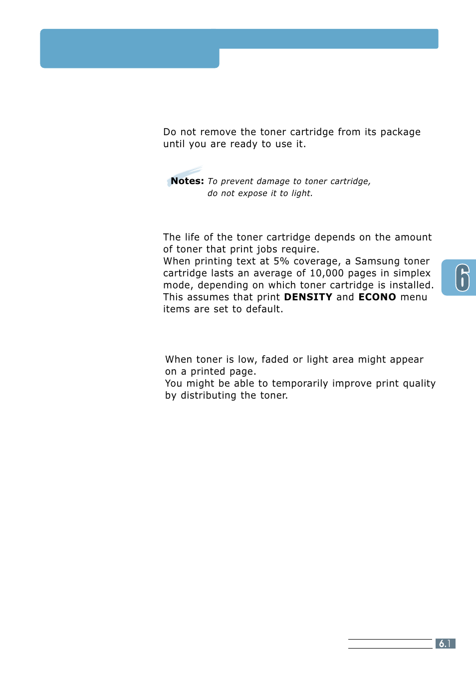 Toner cartridge, Toner cartridge storage, Toner cartridge life | Distributing the toner | Samsung ML 7300N User Manual | Page 96 / 174