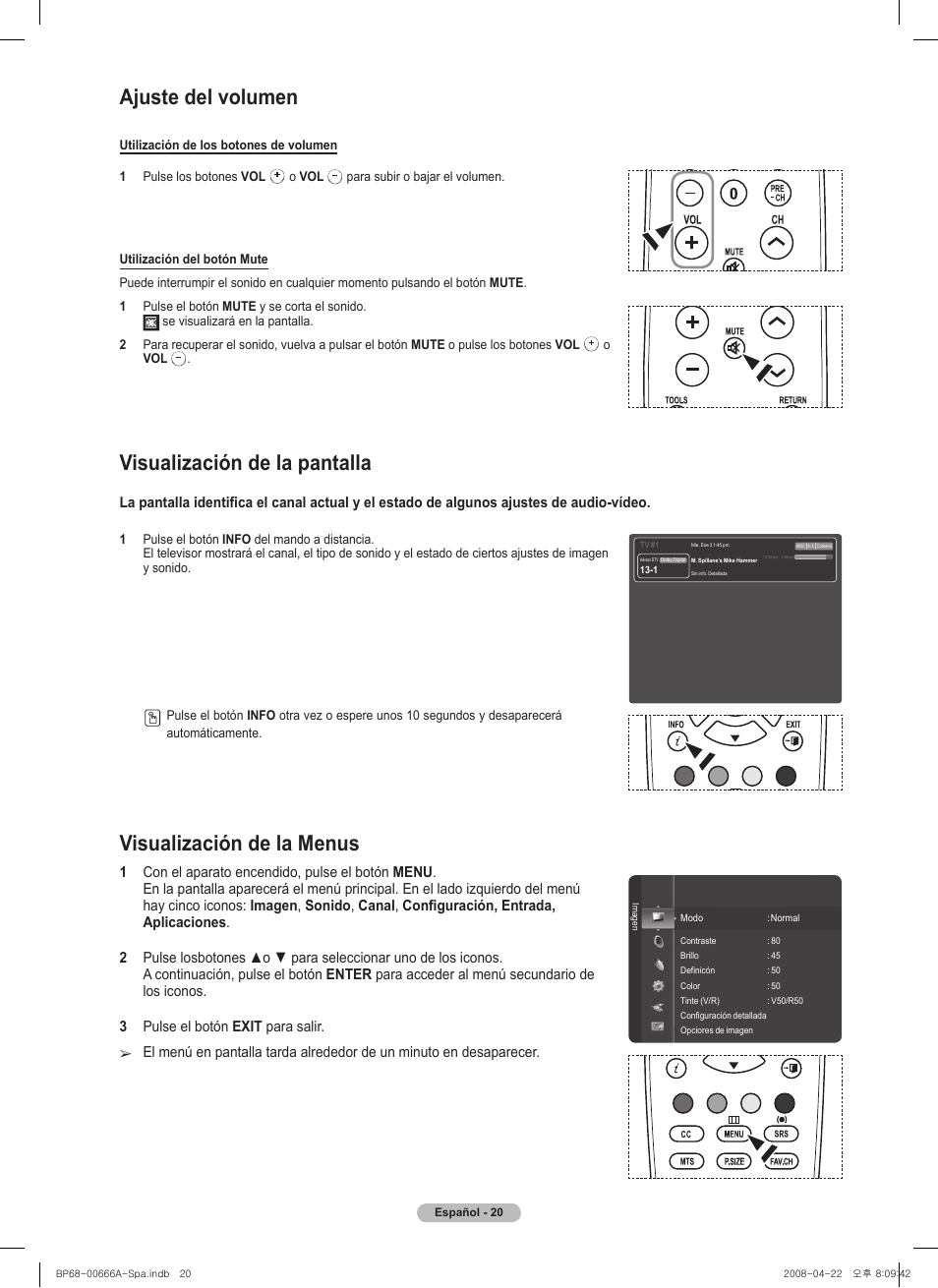 Ajuste del volumen, Visualización de la menus, Visualización de la pantalla | Samsung series 510 User Manual | Page 102 / 157
