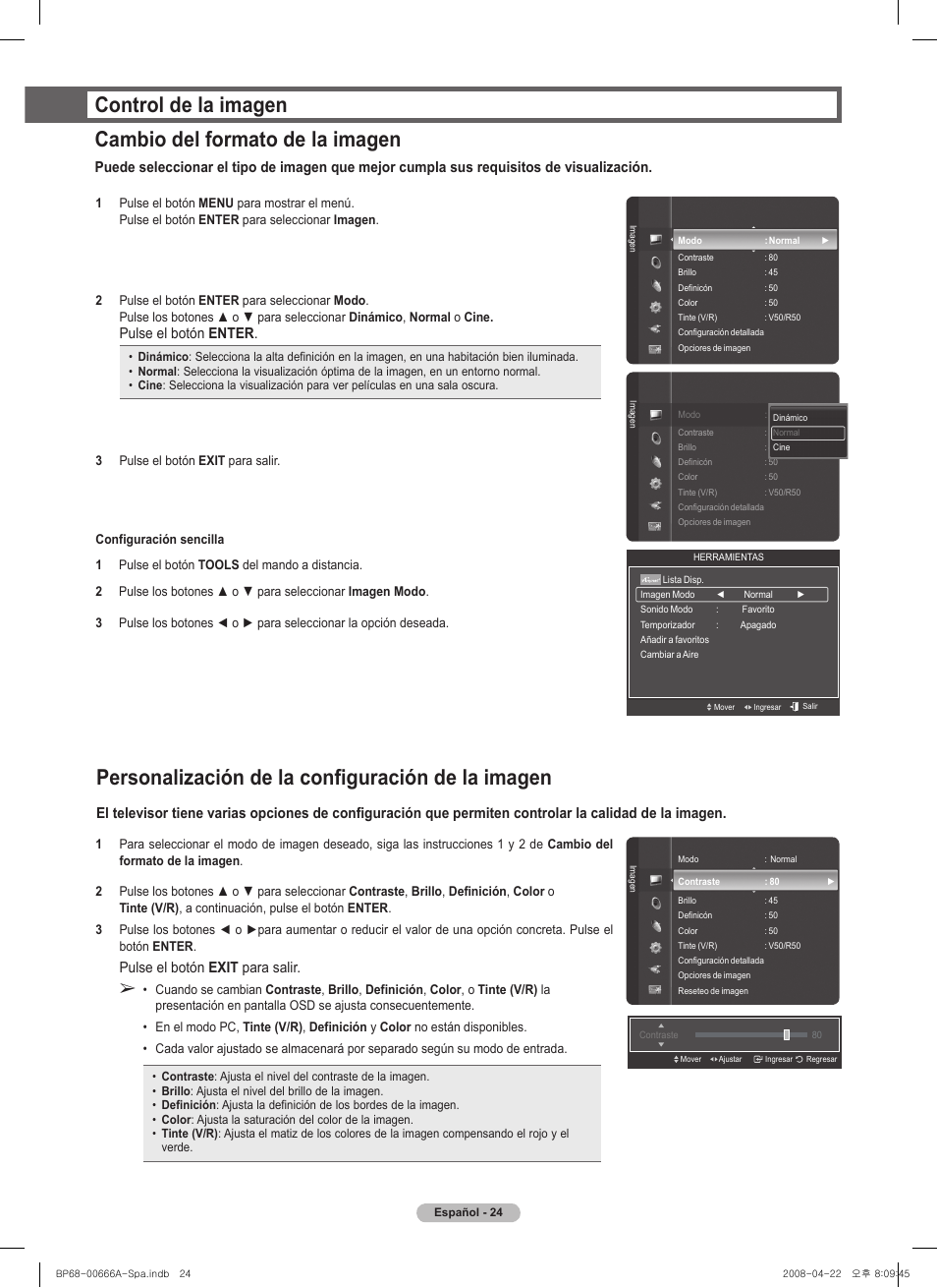 Personalización de la configuración de la imagen, Pulse el botón enter, Pulse el botón exit para salir | Samsung series 510 User Manual | Page 106 / 157
