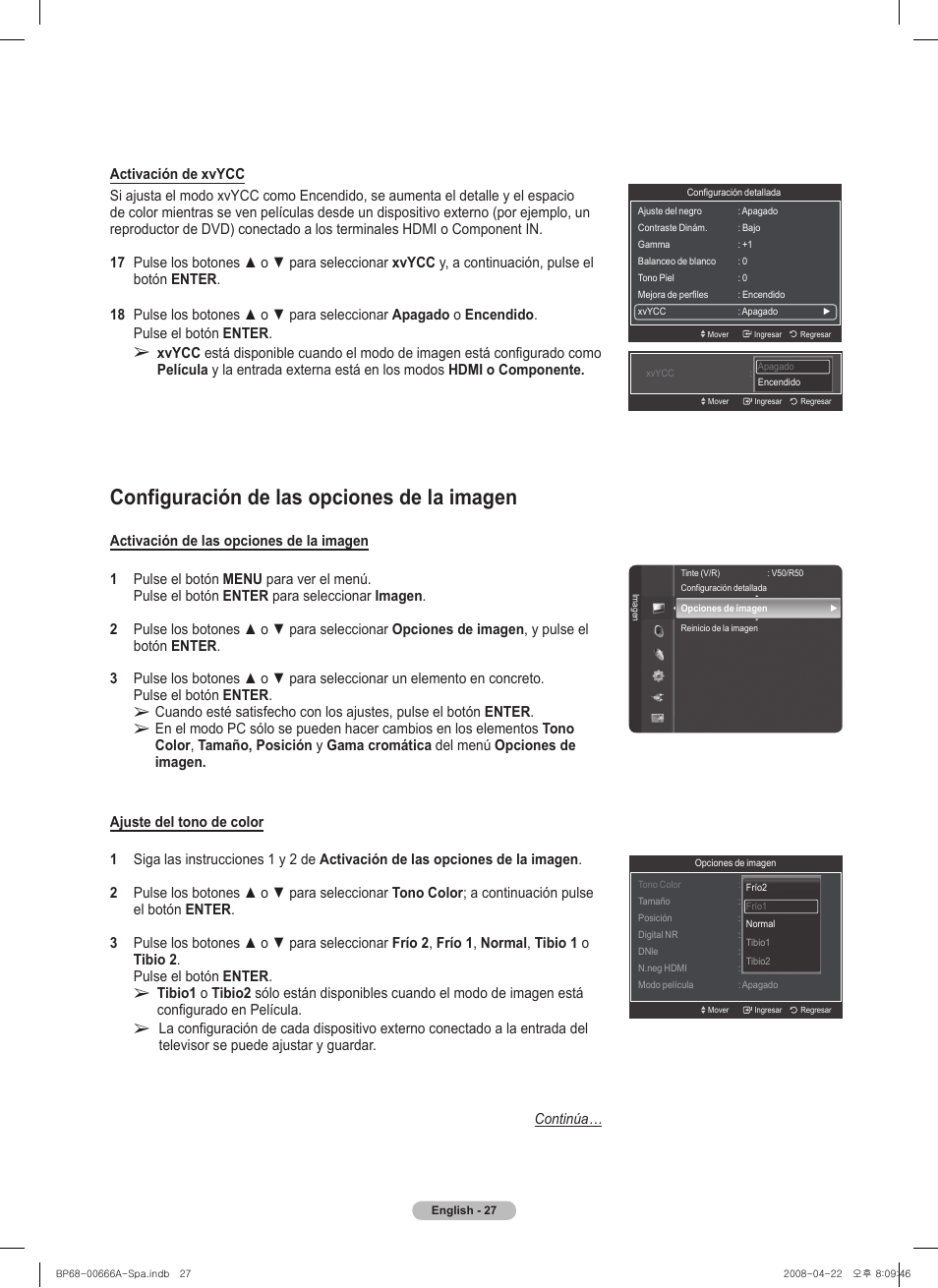Configuración de las opciones de la imagen | Samsung series 510 User Manual | Page 109 / 157