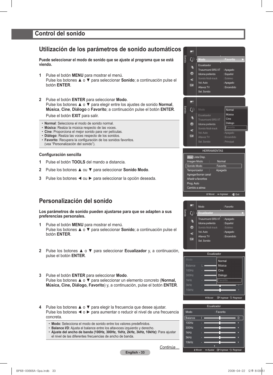 Personalización del sonido, Control del sonido, Continúa | Samsung series 510 User Manual | Page 115 / 157