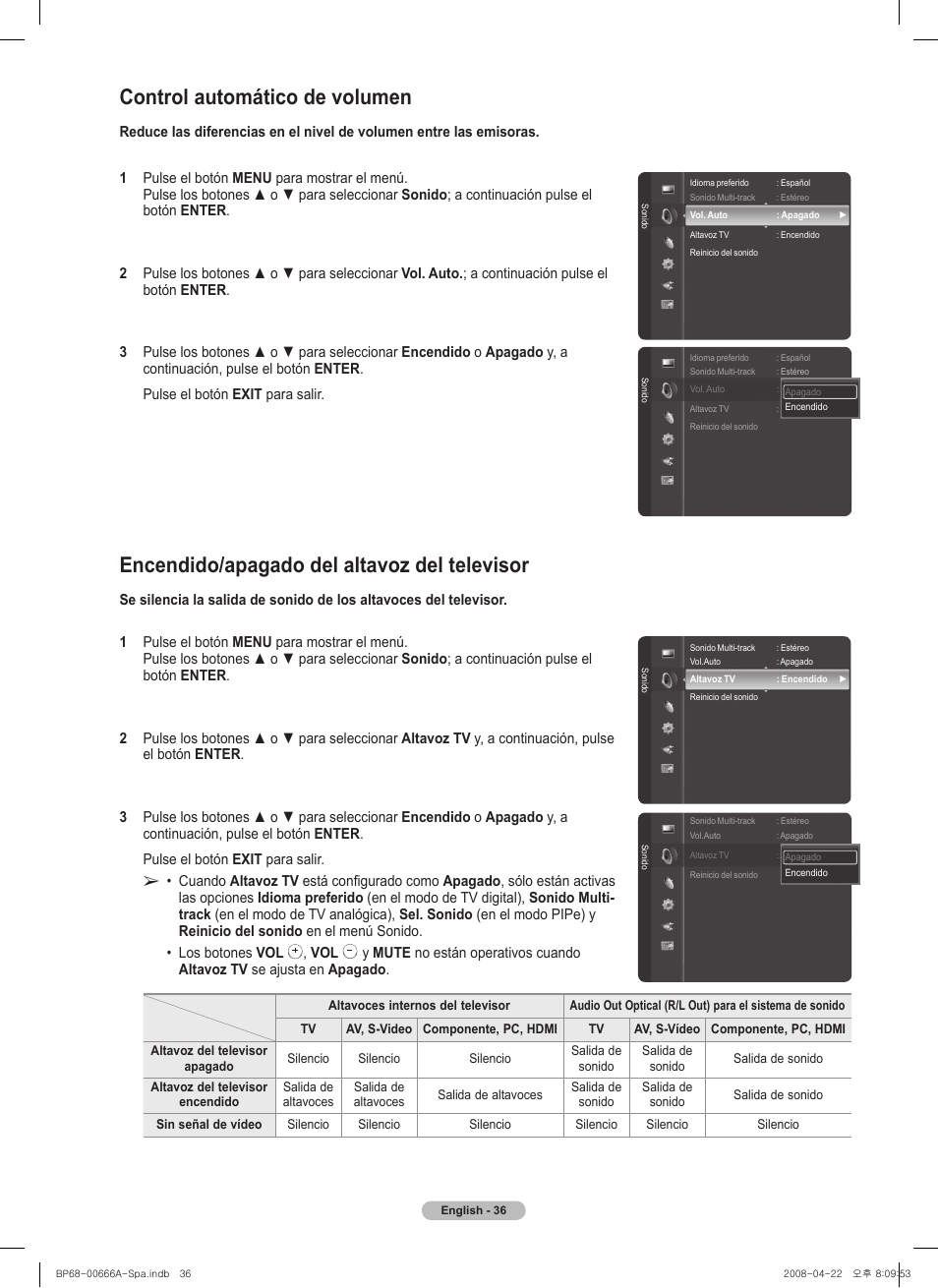 Control automático de volumen, Encendido/apagado del altavoz del televisor | Samsung series 510 User Manual | Page 118 / 157