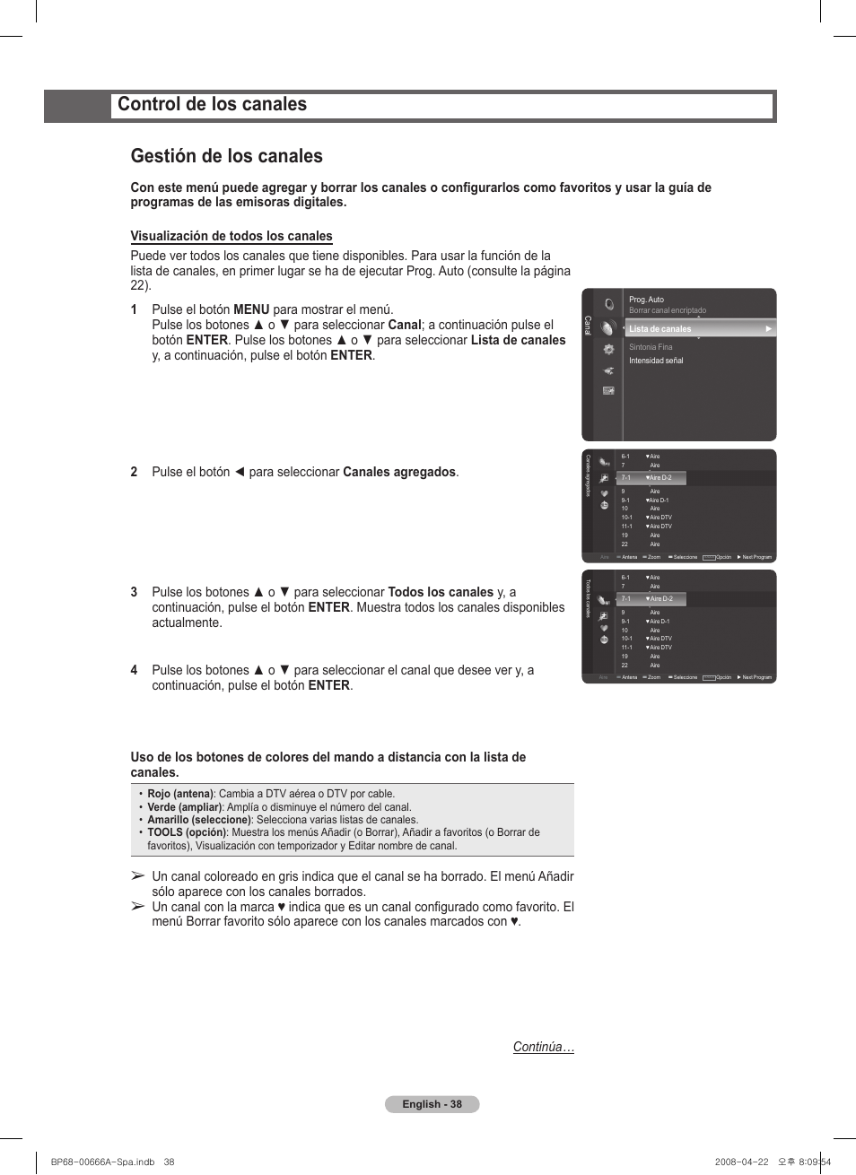 Gestión de los canales, Control de los canales | Samsung series 510 User Manual | Page 120 / 157