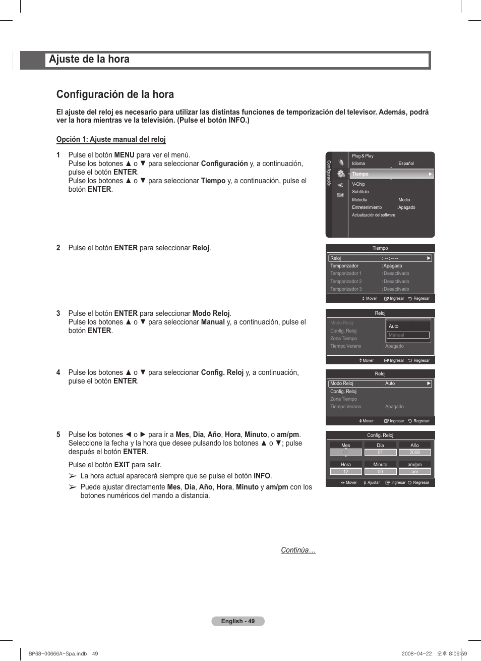 Ajuste de la hora configuración de la hora | Samsung series 510 User Manual | Page 131 / 157