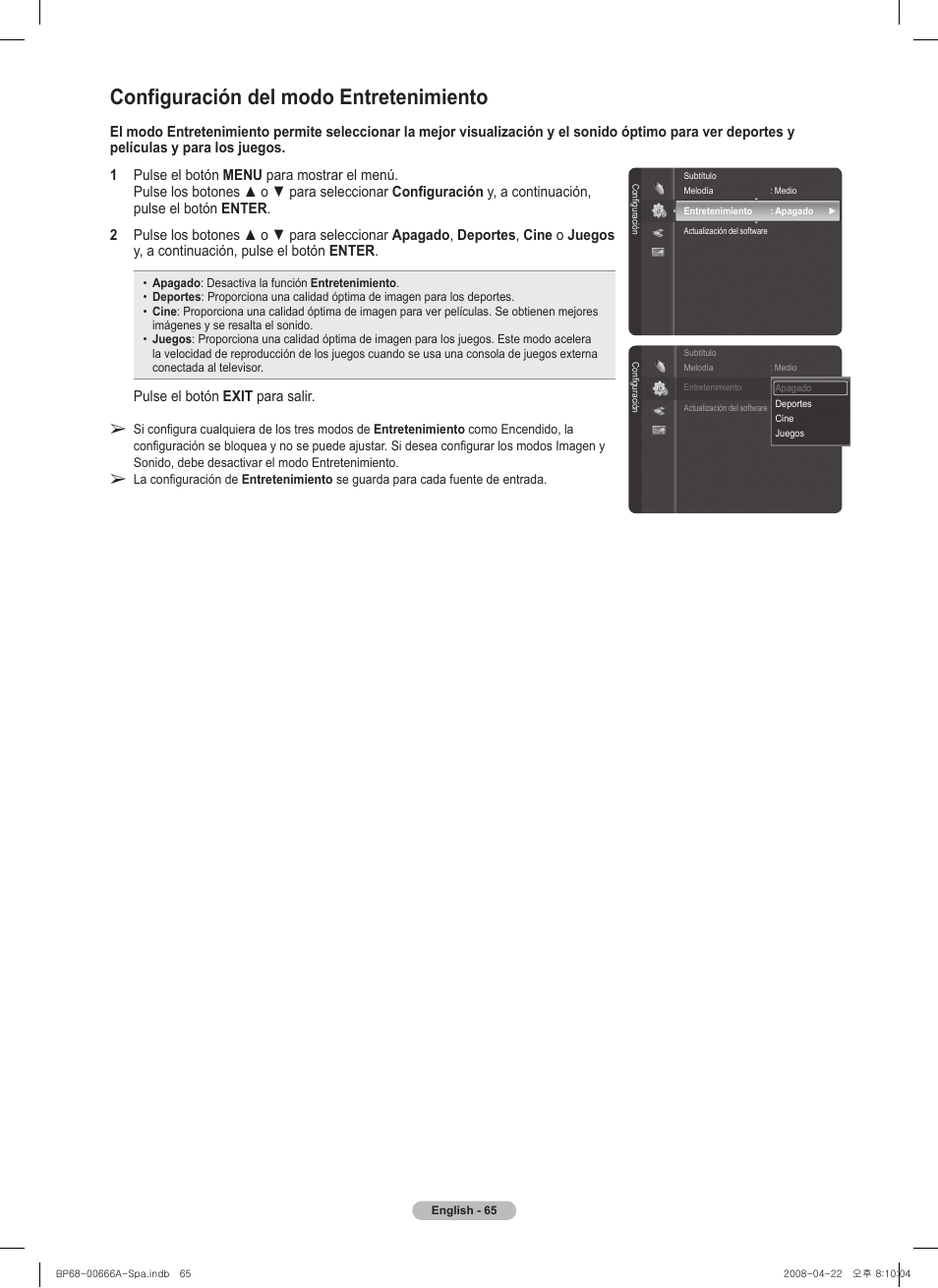 Configuración del modo entretenimiento | Samsung series 510 User Manual | Page 147 / 157