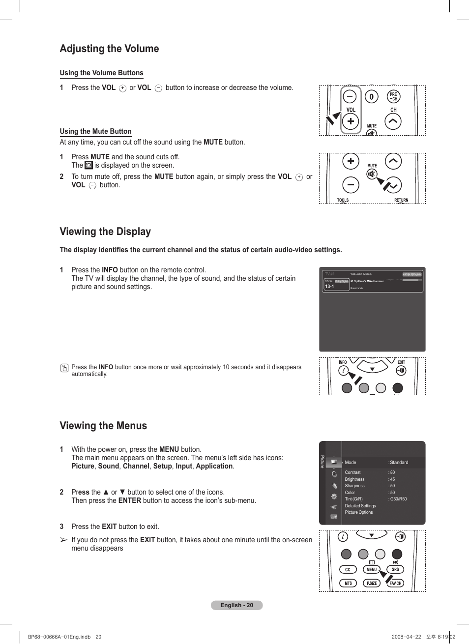 Adjusting the volume, Viewing the display, Viewing the menus | Samsung series 510 User Manual | Page 20 / 157