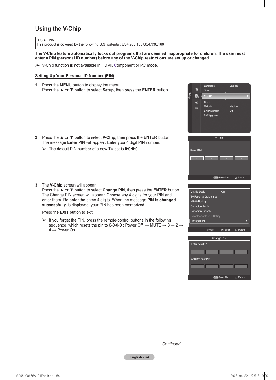 Using the v-chip | Samsung series 510 User Manual | Page 54 / 157