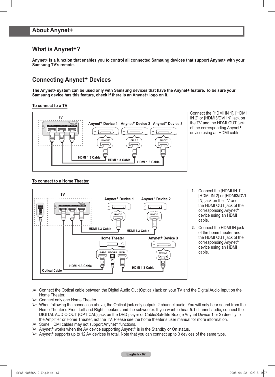 About anynet, What is anynet, Connecting anynet+ devices | Samsung series 510 User Manual | Page 67 / 157