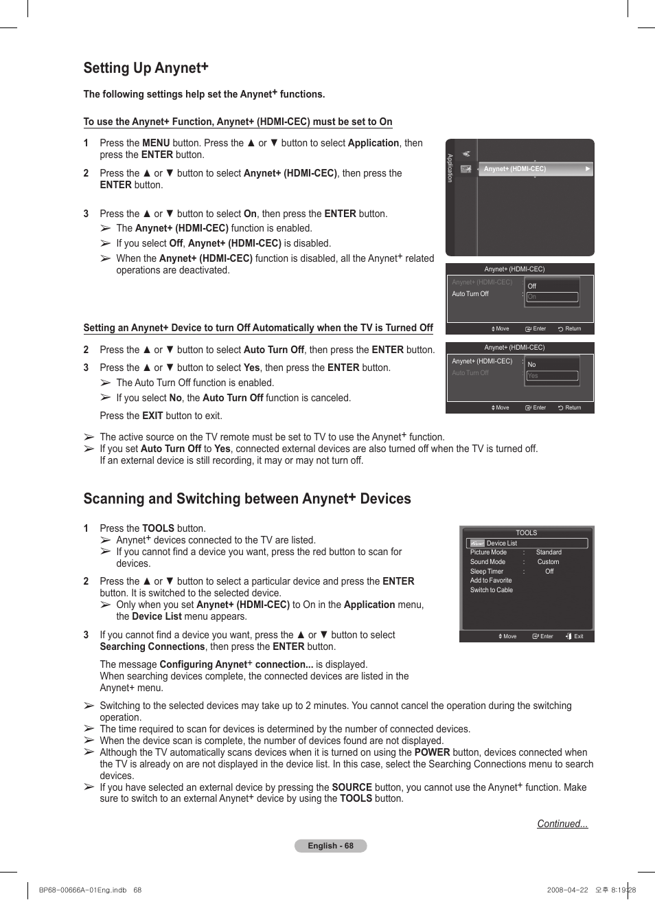 Setting up anynet, Scanning and switching between anynet+ devices | Samsung series 510 User Manual | Page 68 / 157