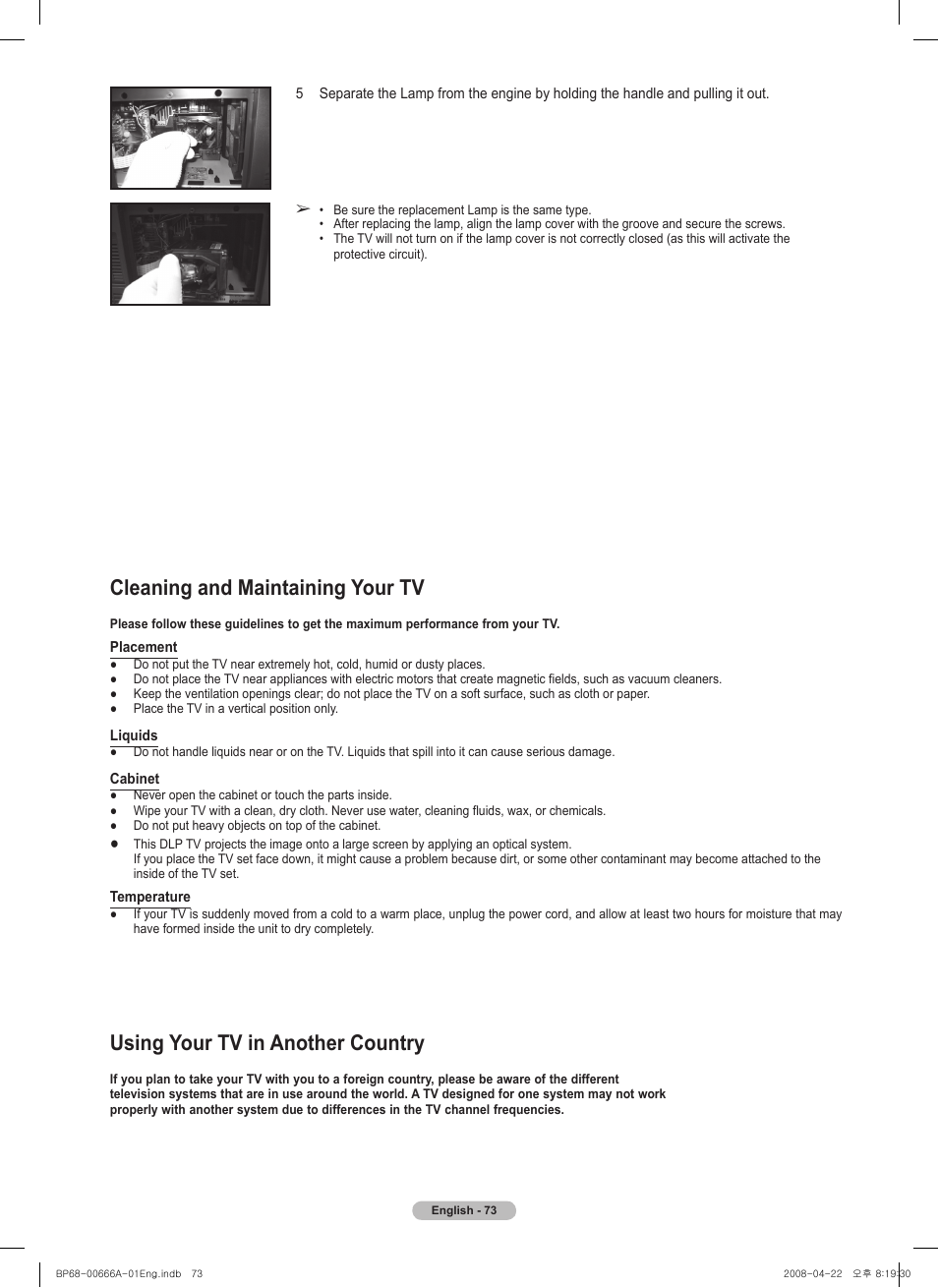 Cleaning and maintaining your tv, Using your tv in another country | Samsung series 510 User Manual | Page 73 / 157