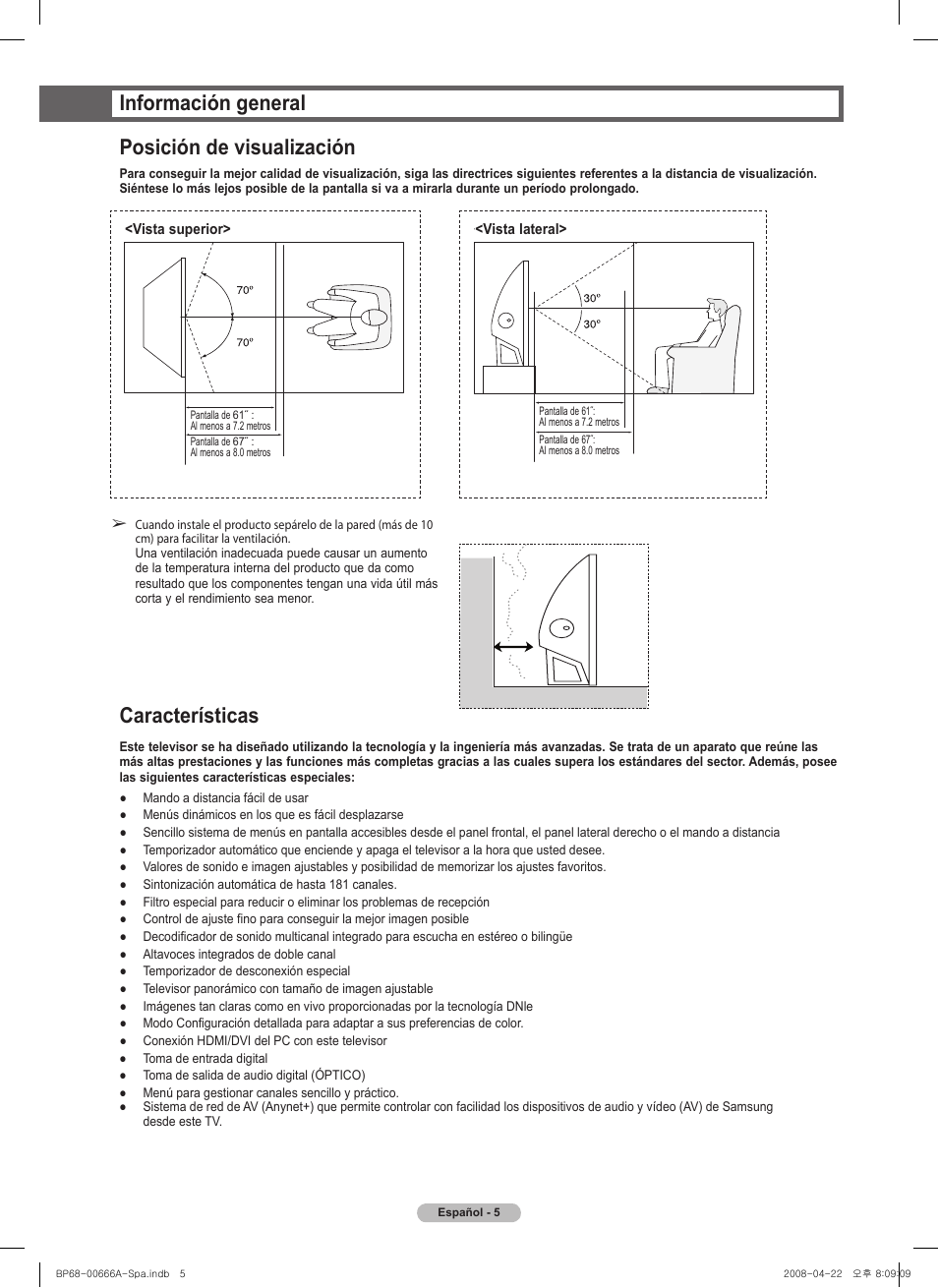 Información general posición de visualización, Características | Samsung series 510 User Manual | Page 87 / 157