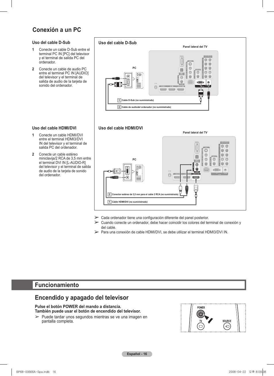 Funcionamiento encendido y apagado del televisor, Conexión a un pc | Samsung series 510 User Manual | Page 98 / 157