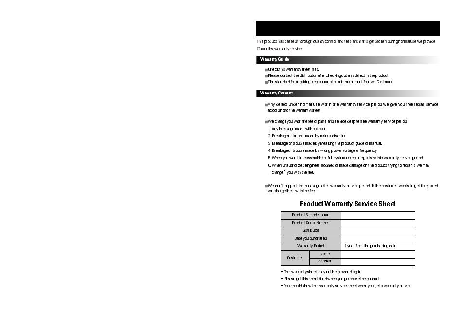 Warranty guide, Productwarranty service sheet | Samsung SPR-7416 User Manual | Page 72 / 72