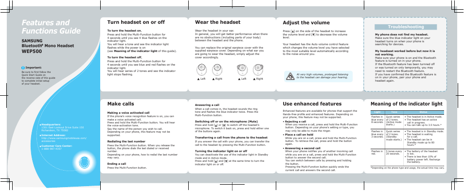 Features and functions guide, Wep500, Turn headset on or off | Adjust the volume, Make calls, Samsung bluetooth mono headset, Troubleshooting | Samsung WEP500 User Manual | Page 2 / 2