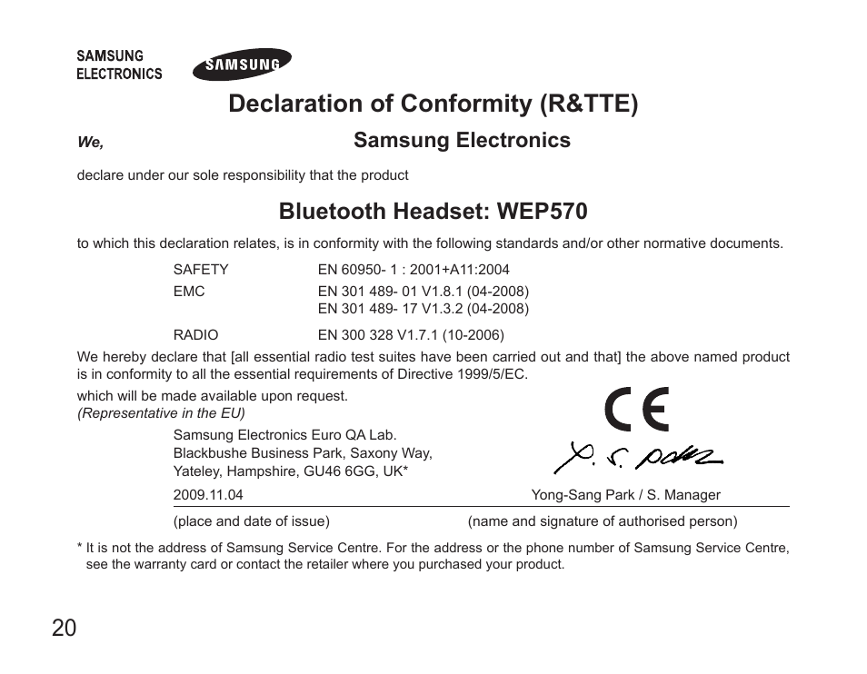 Declaration.of.conformity.(r&tte), Bluetooth.headset:.wep570, Samsung.electronics | Samsung WEP7 User Manual | Page 23 / 63