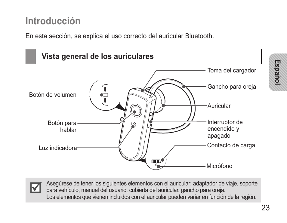 Introducción, Vista general de los auriculares, Vista.general.de.los.auriculares | Samsung WEP7 User Manual | Page 26 / 63