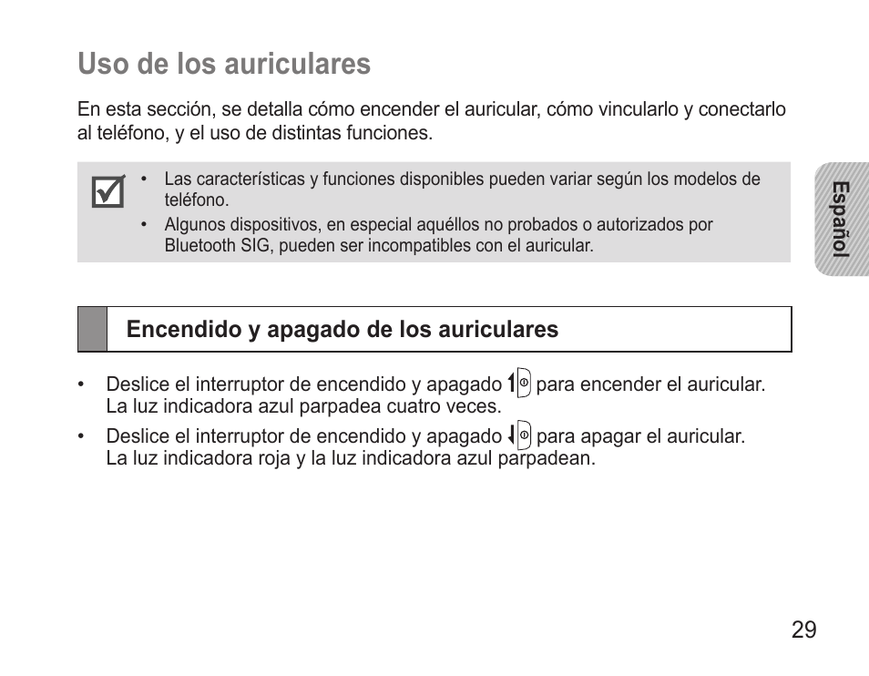 Uso de los auriculares, Encendido y apagado de los auriculares, Uso.de.los.auriculares | Samsung WEP7 User Manual | Page 32 / 63