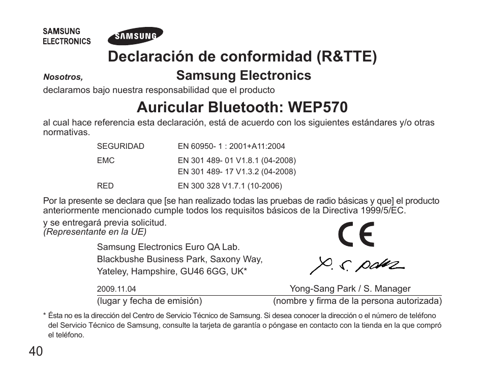 Declaración.de.conformidad.(r&tte), Auricular.bluetooth:.wep570, Samsung.electronics | Samsung WEP7 User Manual | Page 43 / 63