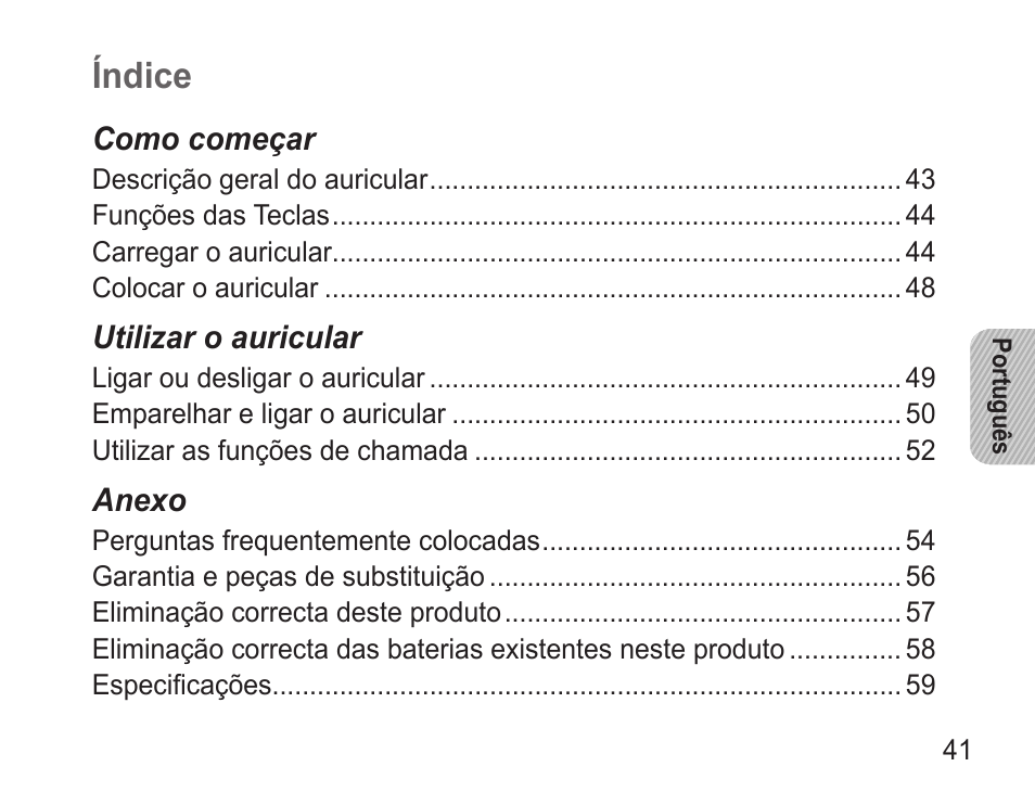 Português, Índice | Samsung WEP7 User Manual | Page 44 / 63