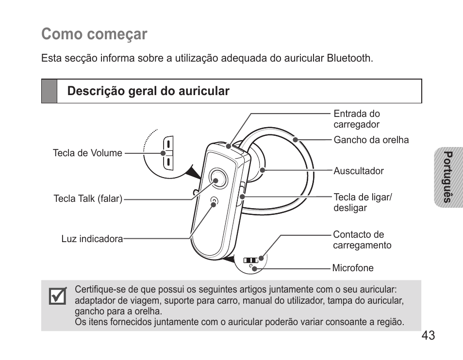 Como começar, Descrição geral do auricular, Descrição.geral.do.auricular | Samsung WEP7 User Manual | Page 46 / 63