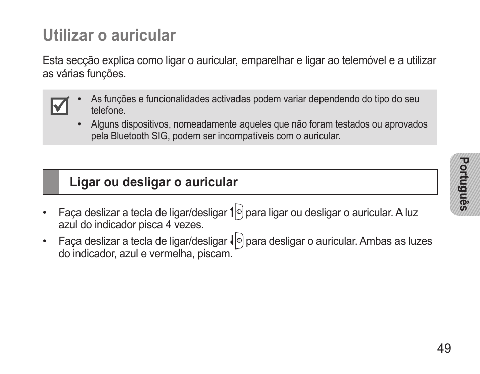 Utilizar o auricular, Ligar ou desligar o auricular, Utilizar.o.auricular | Samsung WEP7 User Manual | Page 52 / 63