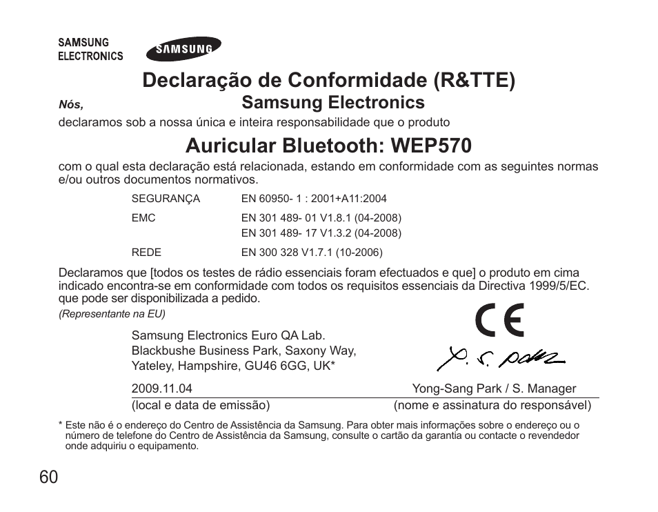 Declaração.de.conformidade.(r&tte), Auricular.bluetooth:.wep570, Samsung.electronics | Samsung WEP7 User Manual | Page 63 / 63