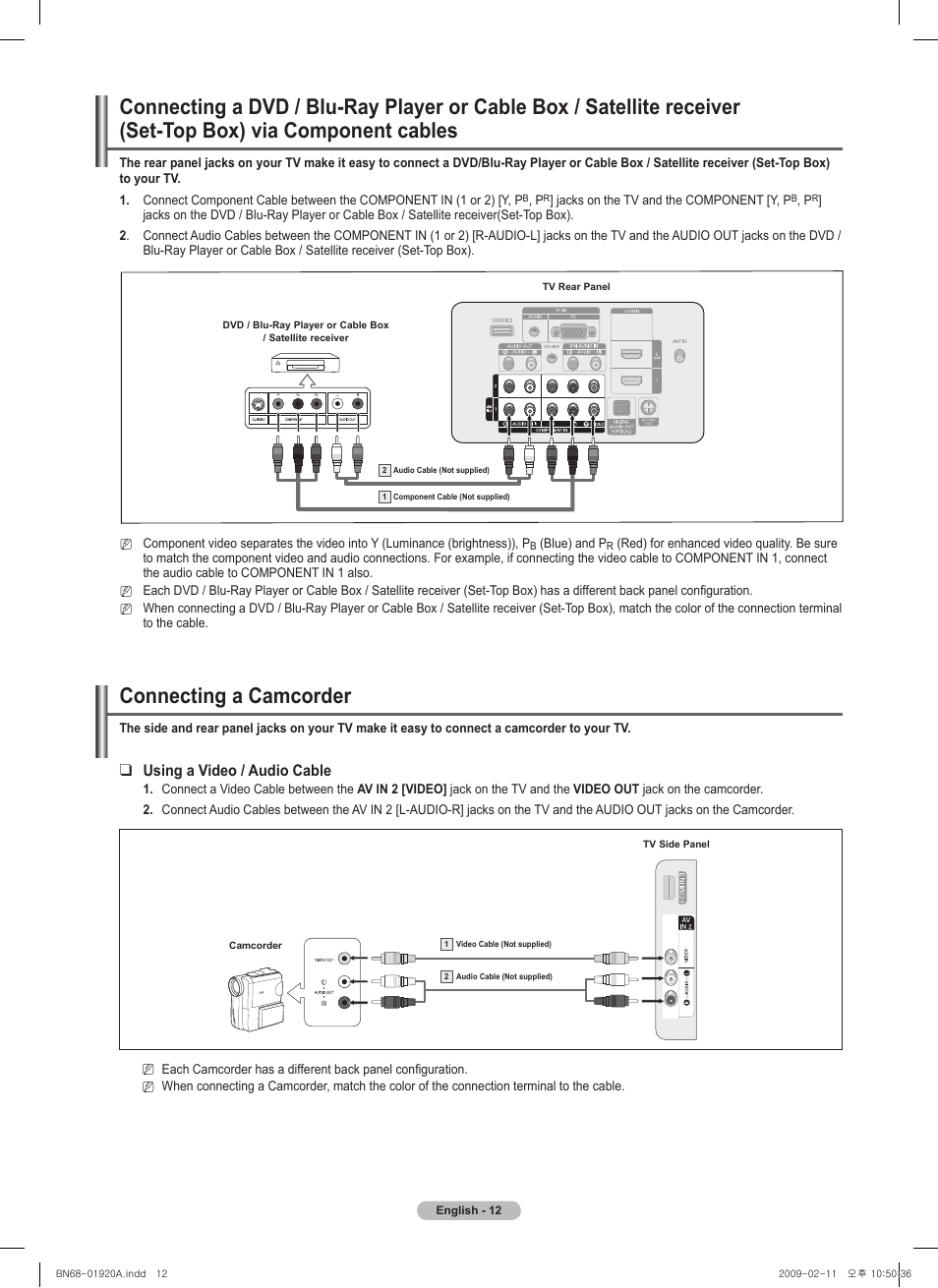 Connecting a camcorder, Using a video / audio cable | Samsung BN68-01920A-00 User Manual | Page 12 / 91