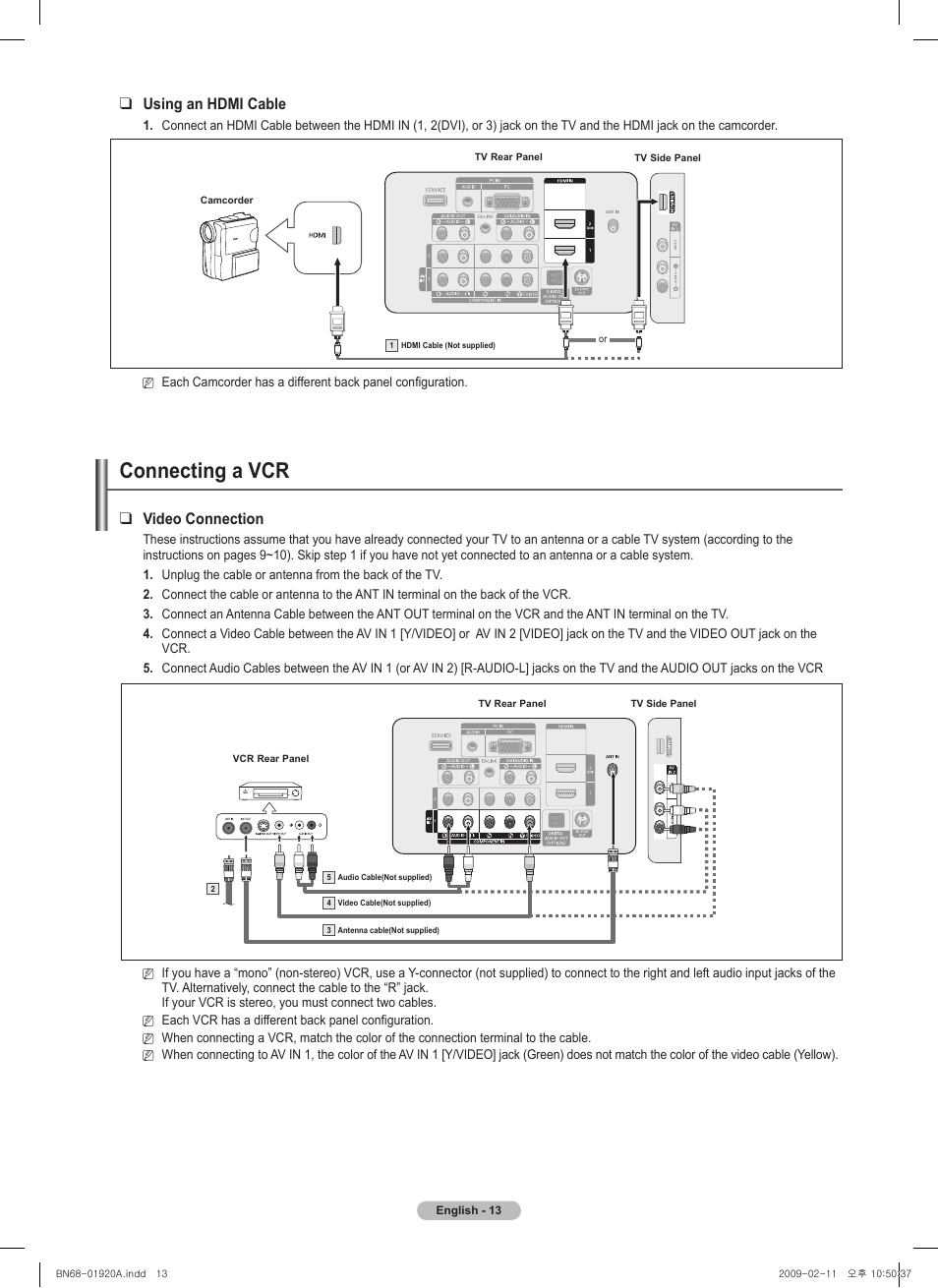 Connecting a vcr, Video connection, Using an hdmi cable | Samsung BN68-01920A-00 User Manual | Page 13 / 91