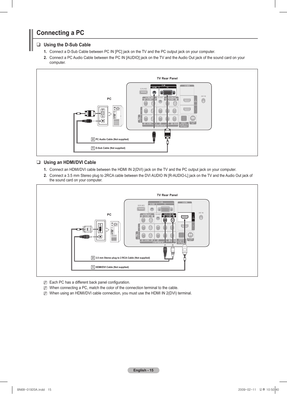 Connecting a pc, Using the d-sub cable, Using an hdmi/dvi cable | Samsung BN68-01920A-00 User Manual | Page 15 / 91