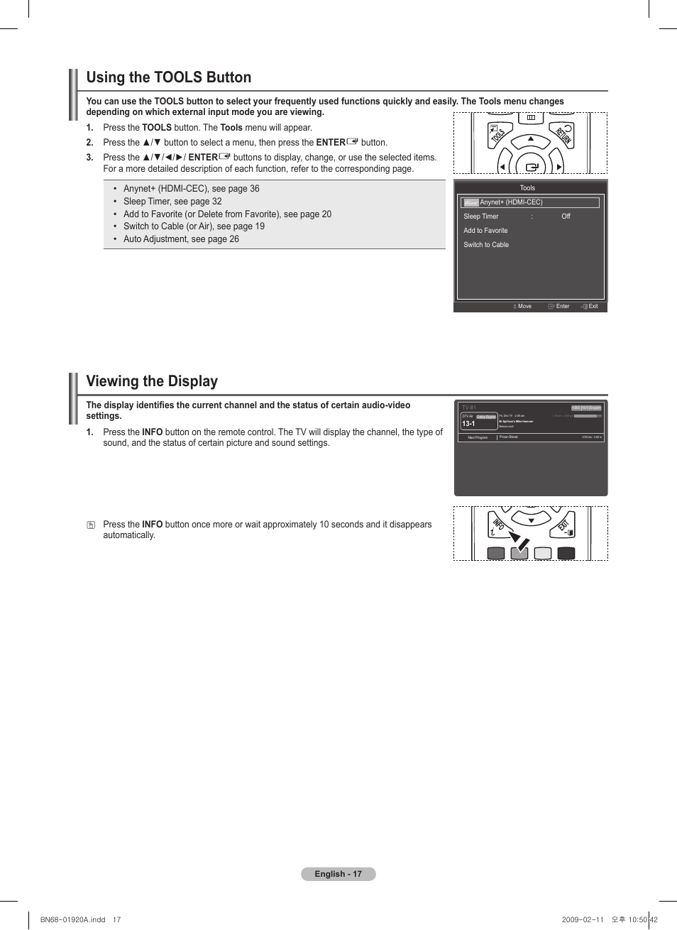 Using the tools button, Viewing the display | Samsung BN68-01920A-00 User Manual | Page 17 / 91