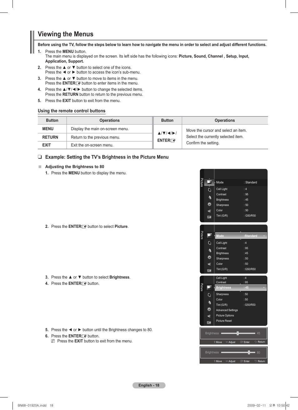 Viewing the menus, Using the remote control buttons | Samsung BN68-01920A-00 User Manual | Page 18 / 91