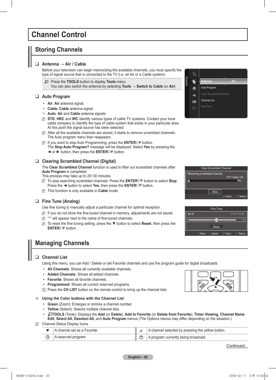 Channel control, Storing channels, Managing channels | Antenna→air/cable, Auto program, Clearing scrambled channel (digital), Fine tune (analog), Channel list | Samsung BN68-01920A-00 User Manual | Page 20 / 91