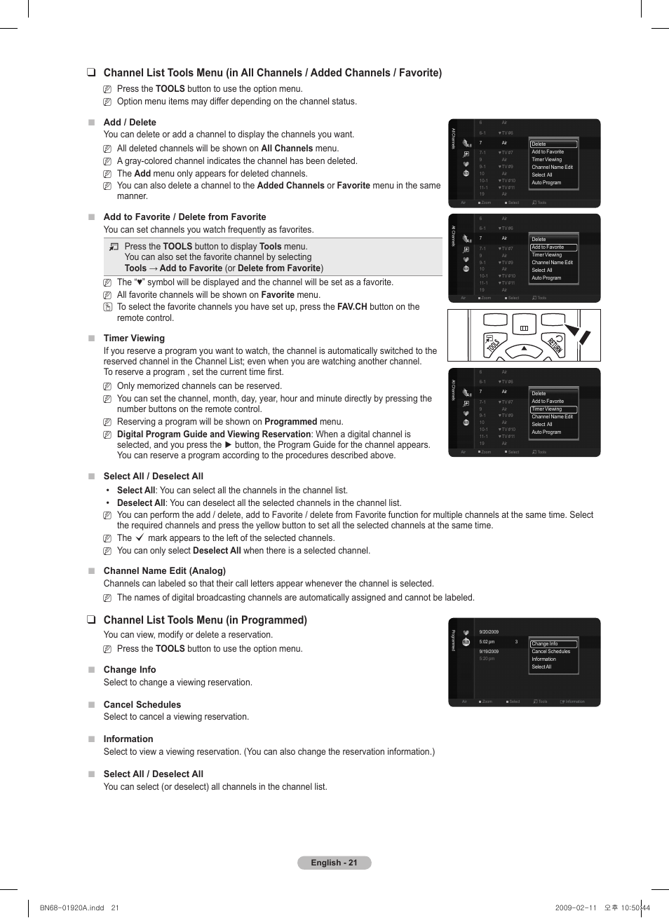 Channel list tools menu (in programmed) | Samsung BN68-01920A-00 User Manual | Page 21 / 91