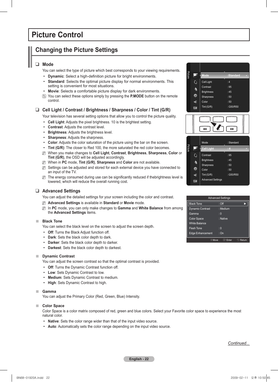 Picture control, Changing the picture settings, Mode | Advanced settings | Samsung BN68-01920A-00 User Manual | Page 22 / 91