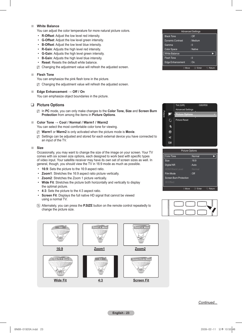 Picture options, Continued | Samsung BN68-01920A-00 User Manual | Page 23 / 91