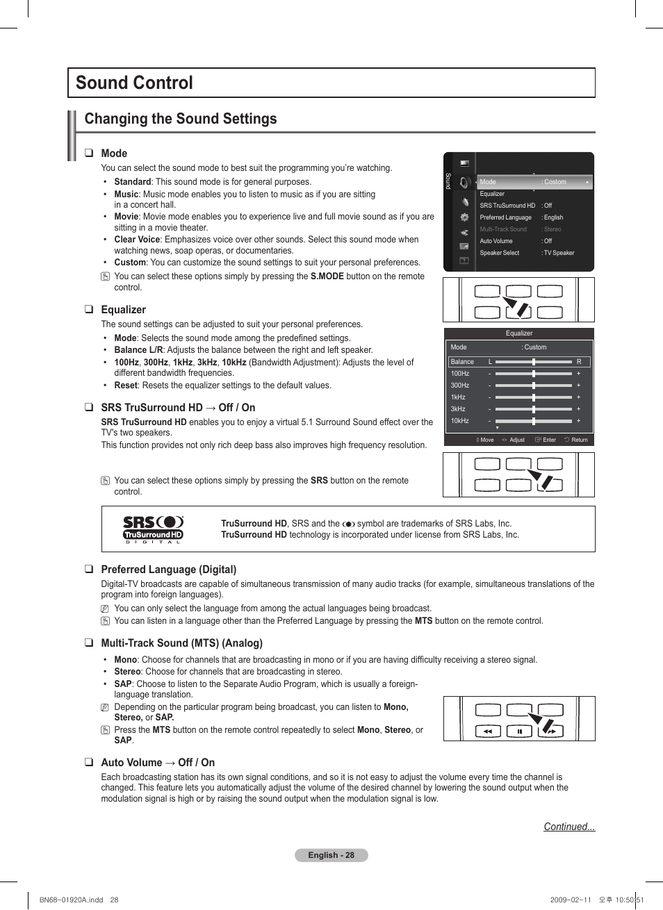 Sound control, Changing the sound settings, Mode | Equalizer, Srstrusurroundhd→off/on, Preferred language (digital), Multi-track sound (mts) (analog), Autovolume→off/on | Samsung BN68-01920A-00 User Manual | Page 28 / 91