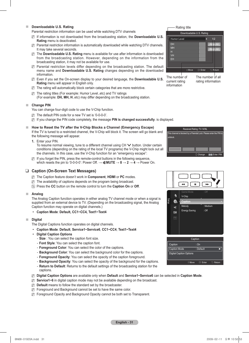 Caption (on-screen text messages) | Samsung BN68-01920A-00 User Manual | Page 31 / 91