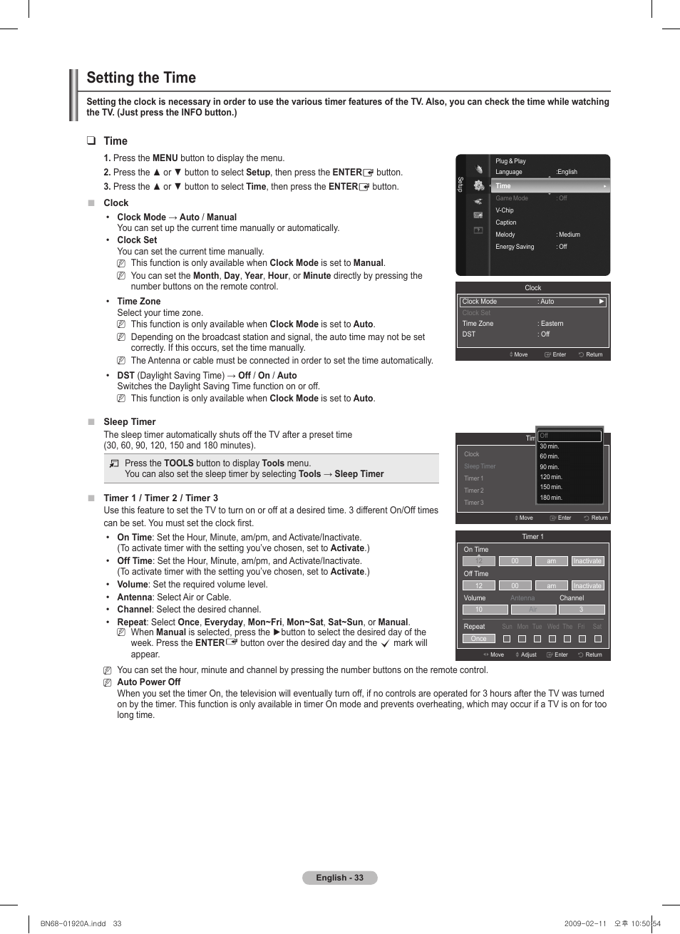 Setting the time, Time | Samsung BN68-01920A-00 User Manual | Page 33 / 91