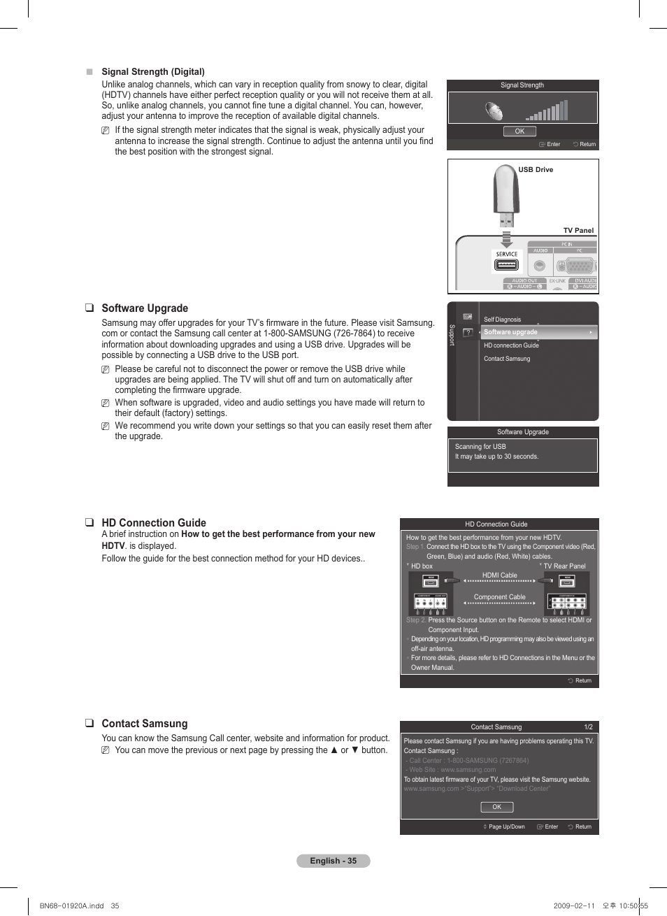 Software upgrade, Hd connection guide, Contact samsung | Samsung BN68-01920A-00 User Manual | Page 35 / 91