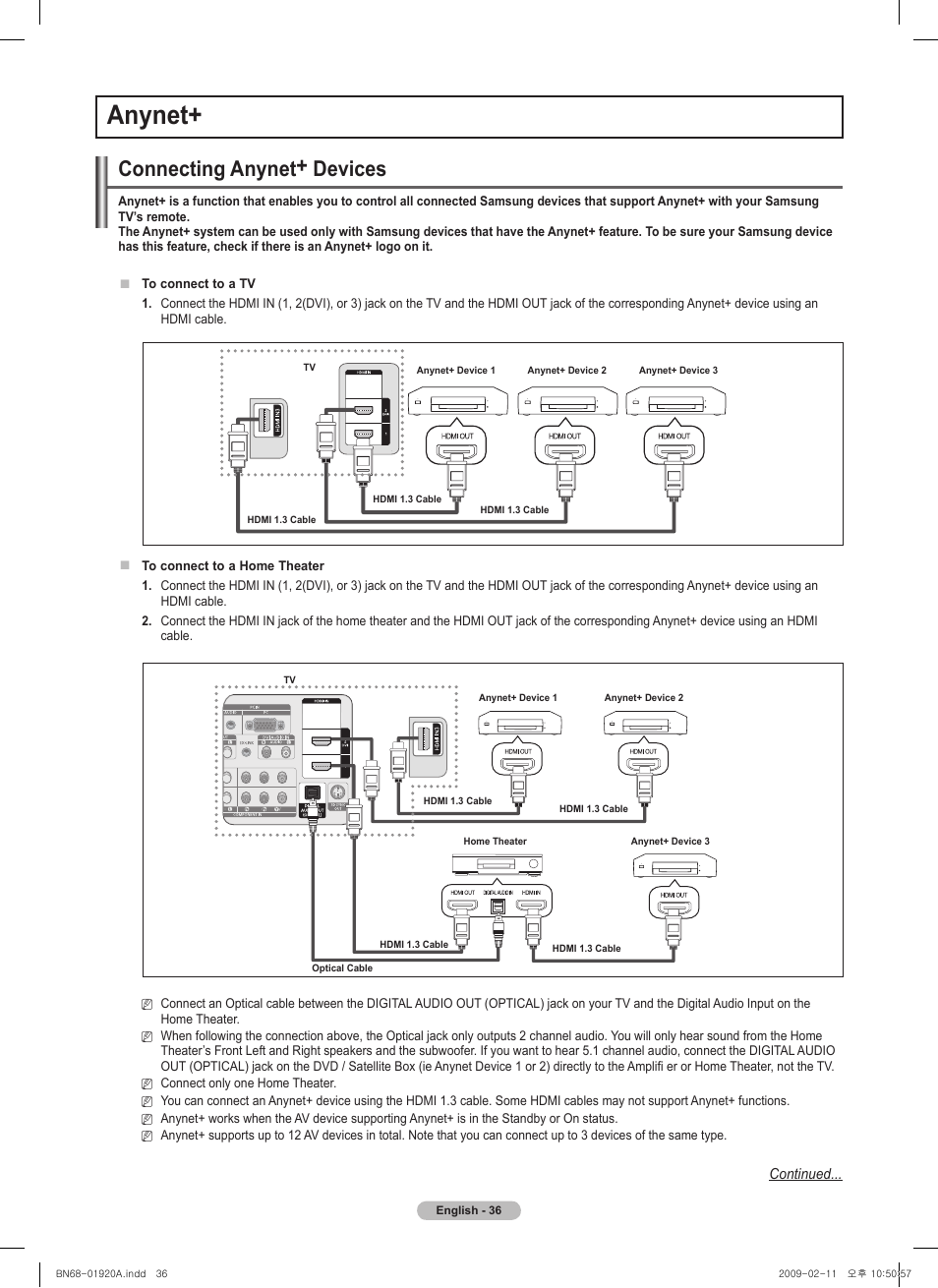 Anynet, Connecting anynet+ devices, Continued | Samsung BN68-01920A-00 User Manual | Page 36 / 91