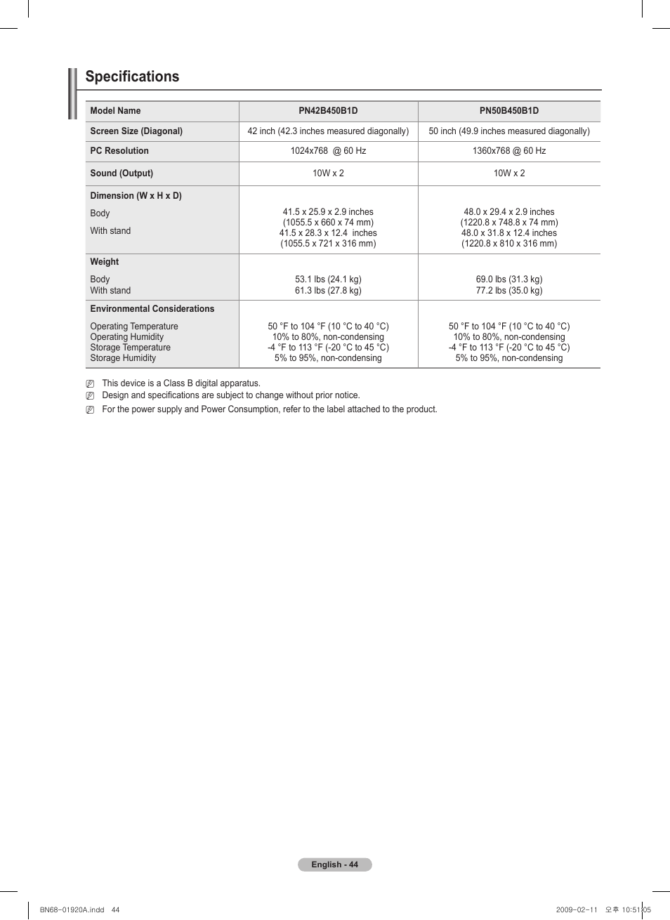 Specifications | Samsung BN68-01920A-00 User Manual | Page 44 / 91