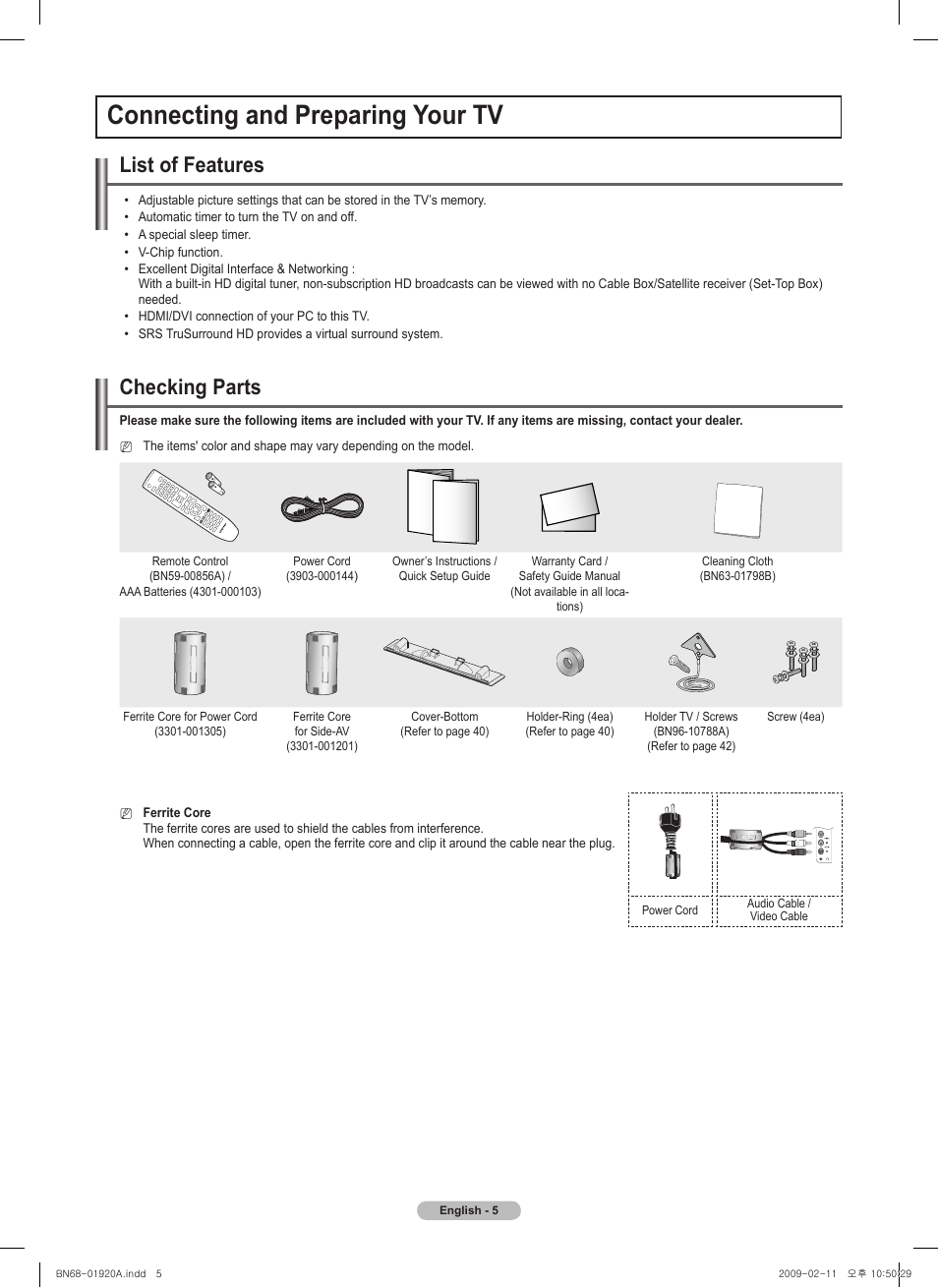 Connecting and preparing your tv, List of features, Checking parts | Samsung BN68-01920A-00 User Manual | Page 5 / 91
