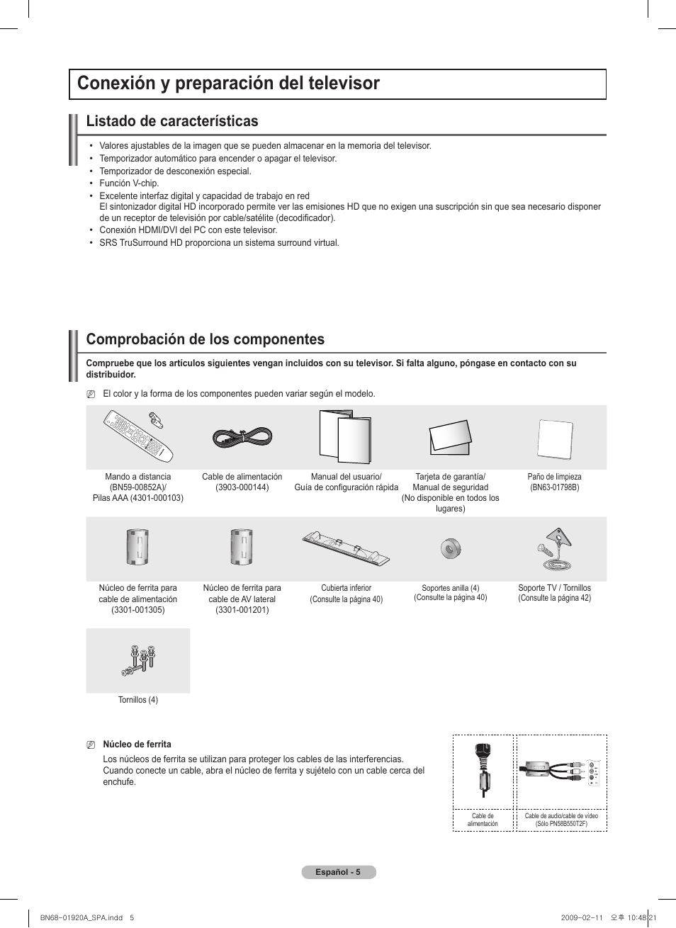 Conexión y preparación del televisor, Listado de características, Comprobación de los componentes | Samsung BN68-01920A-00 User Manual | Page 50 / 91