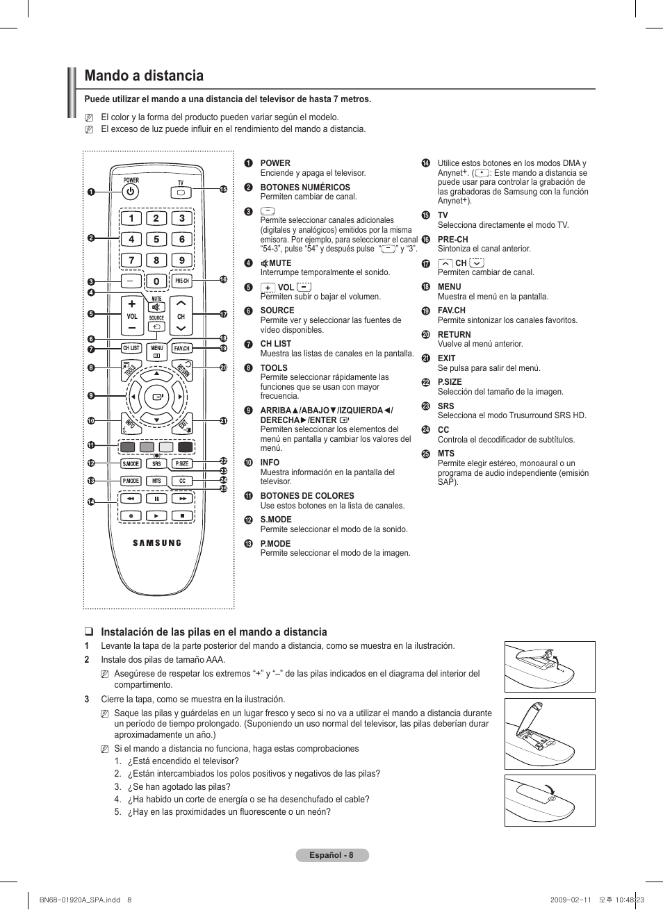 Mando a distancia, Instalación de las pilas en el mando a distancia | Samsung BN68-01920A-00 User Manual | Page 53 / 91
