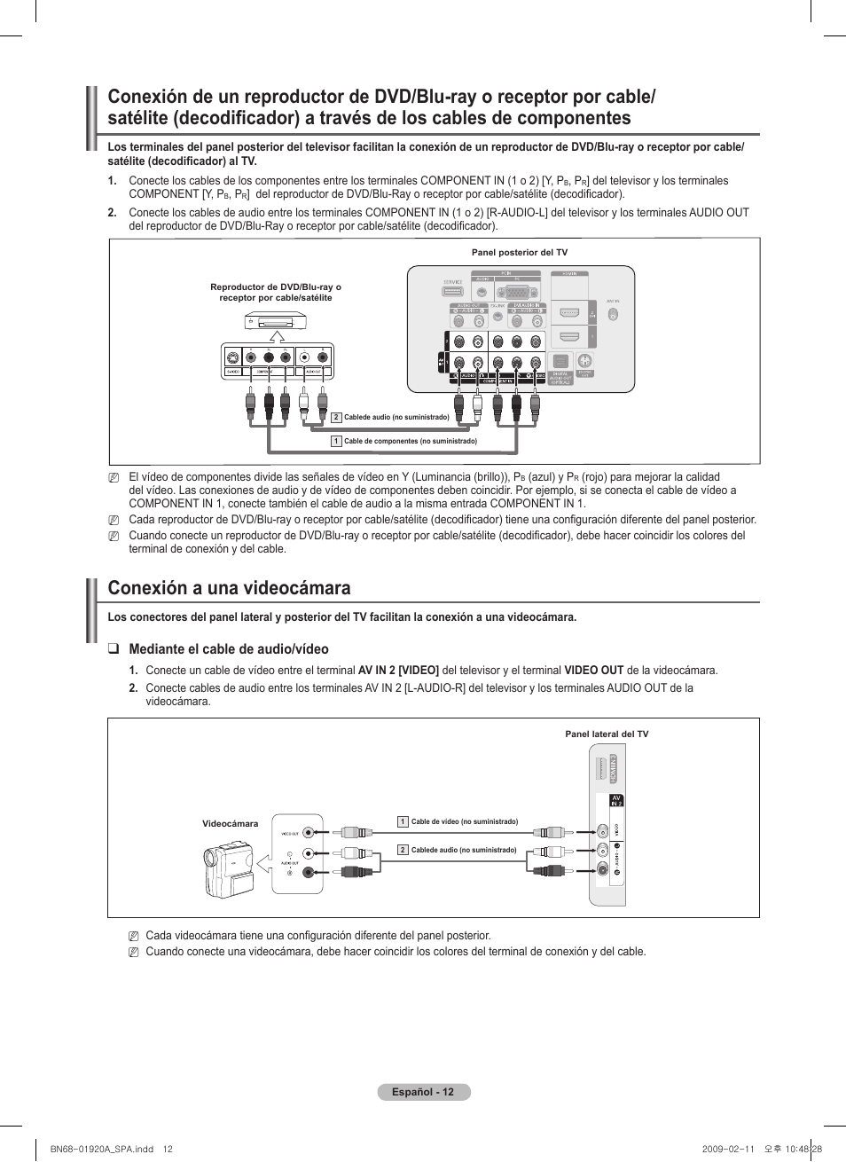 Conexión a una videocámara, Mediante el cable de audio/vídeo | Samsung BN68-01920A-00 User Manual | Page 57 / 91